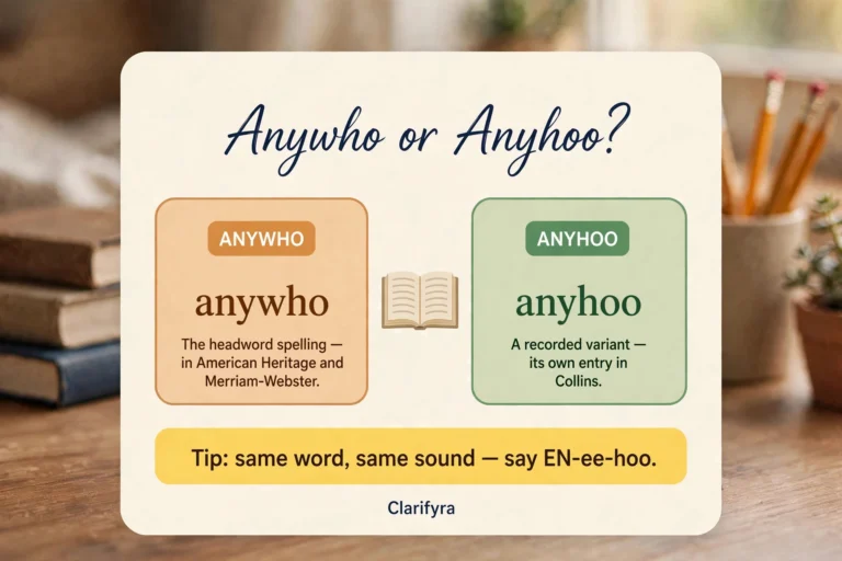Clarifyra infographic card titled "Anywho or Anyhoo?" with two comparison boxes: "anywho" labeled as the headword spelling in American Heritage and Merriam-Webster, "anyhoo" as a recorded variant with its own entry in Collins, and a tip banner reading "Tip: same word, same sound — say EN-ee-hoo."