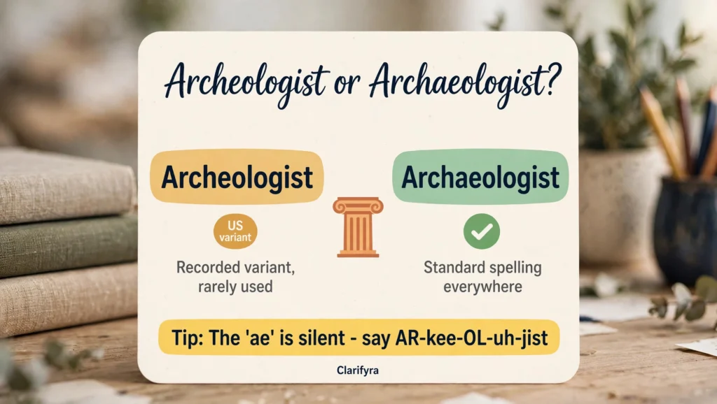 Card comparing 'archeologist' and 'archaeologist': 'archaeologist' is the standard spelling everywhere — 'archeologist' is a rare US variant.