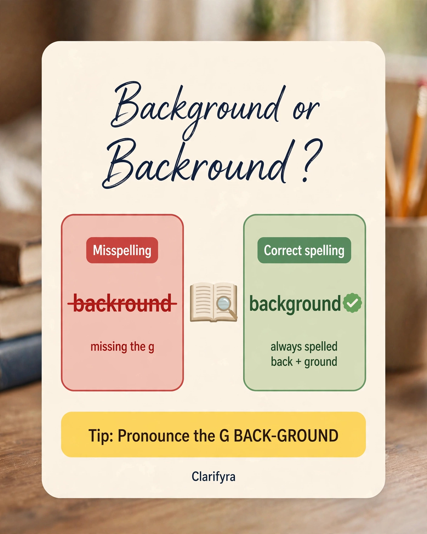 Card comparing 'background' and 'backround': 'background' is correct — 'backround' is a misspelling missing the 'g'.