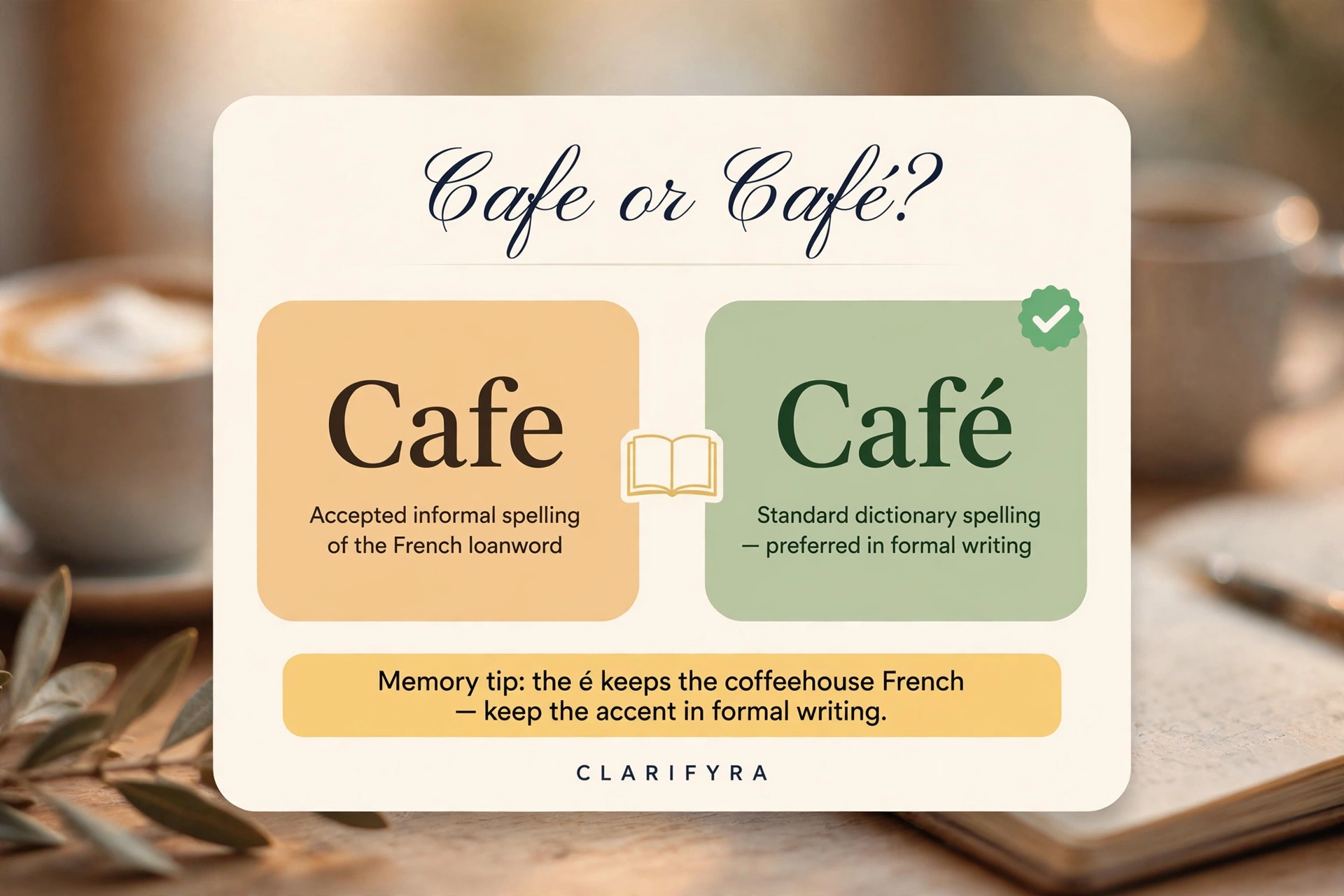Cafe or café? — accent or no accent spelling infographic