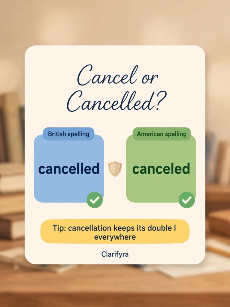 Illustration comparing British spelling 'cancelled' and American spelling 'canceled' on blue and green panels with checkmarks, plus the tip that 'cancellation' keeps its double l everywhere.