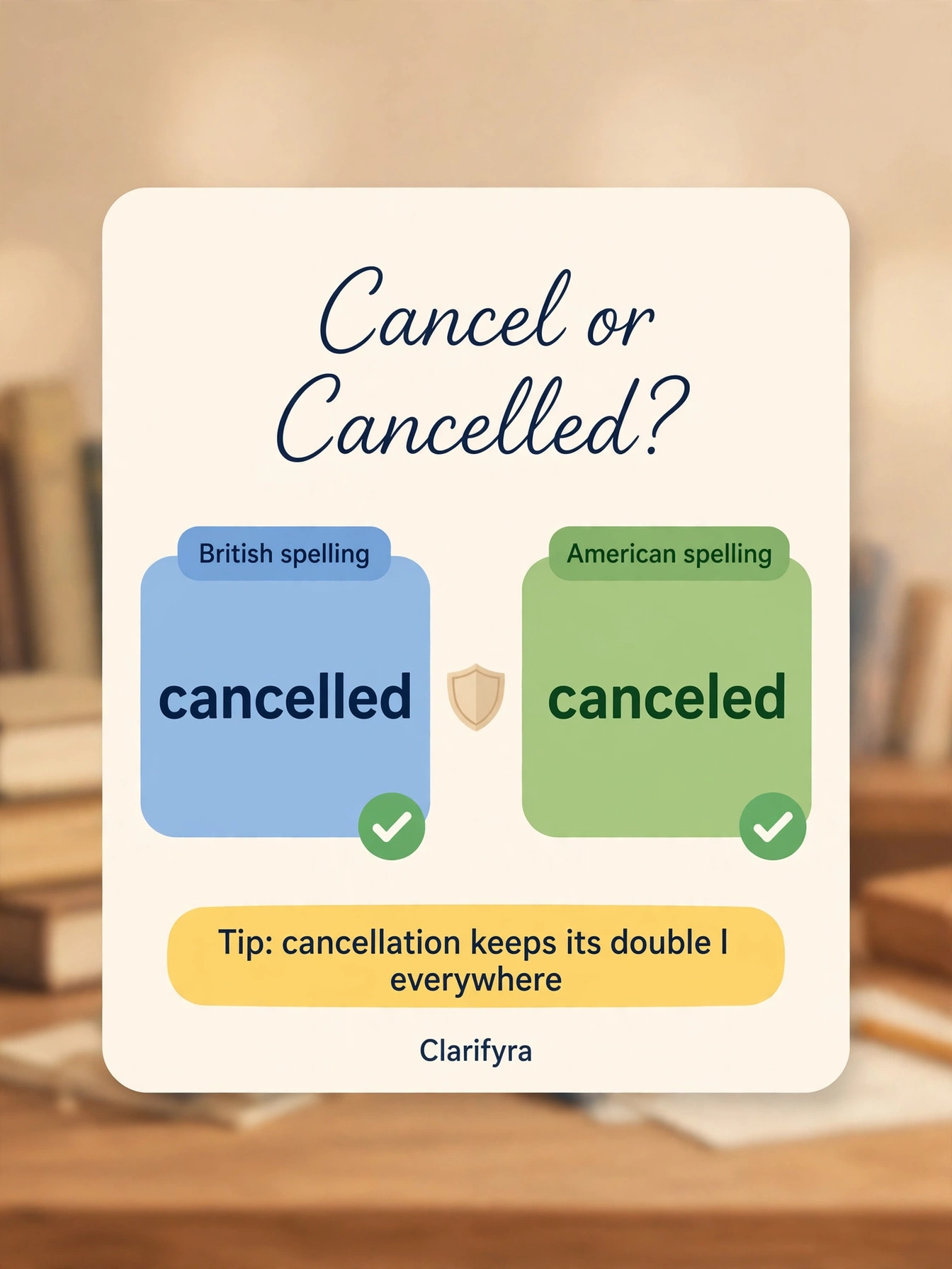 Illustration comparing British spelling 'cancelled' and American spelling 'canceled' on blue and green panels with checkmarks, plus the tip that 'cancellation' keeps its double l everywhere.