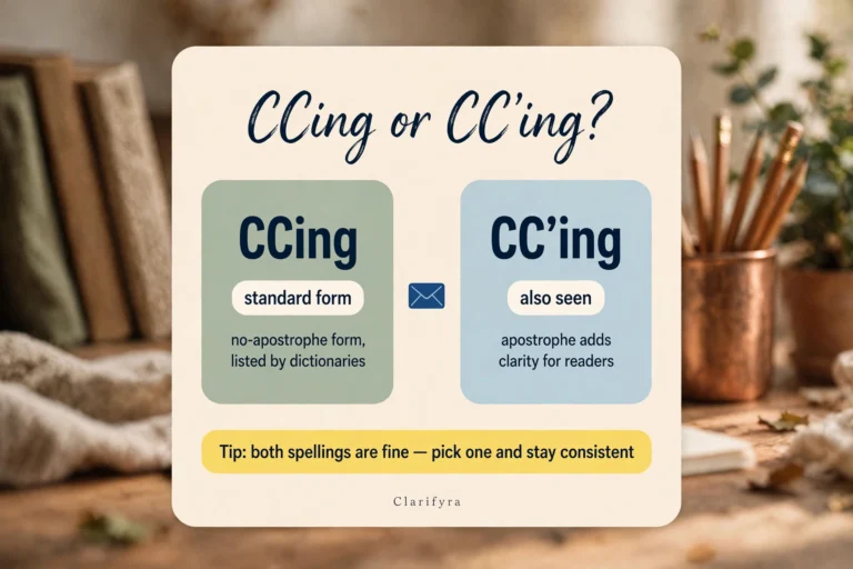 Card comparing 'ccing' and "cc'ing": both are acceptable spellings of the email verb.