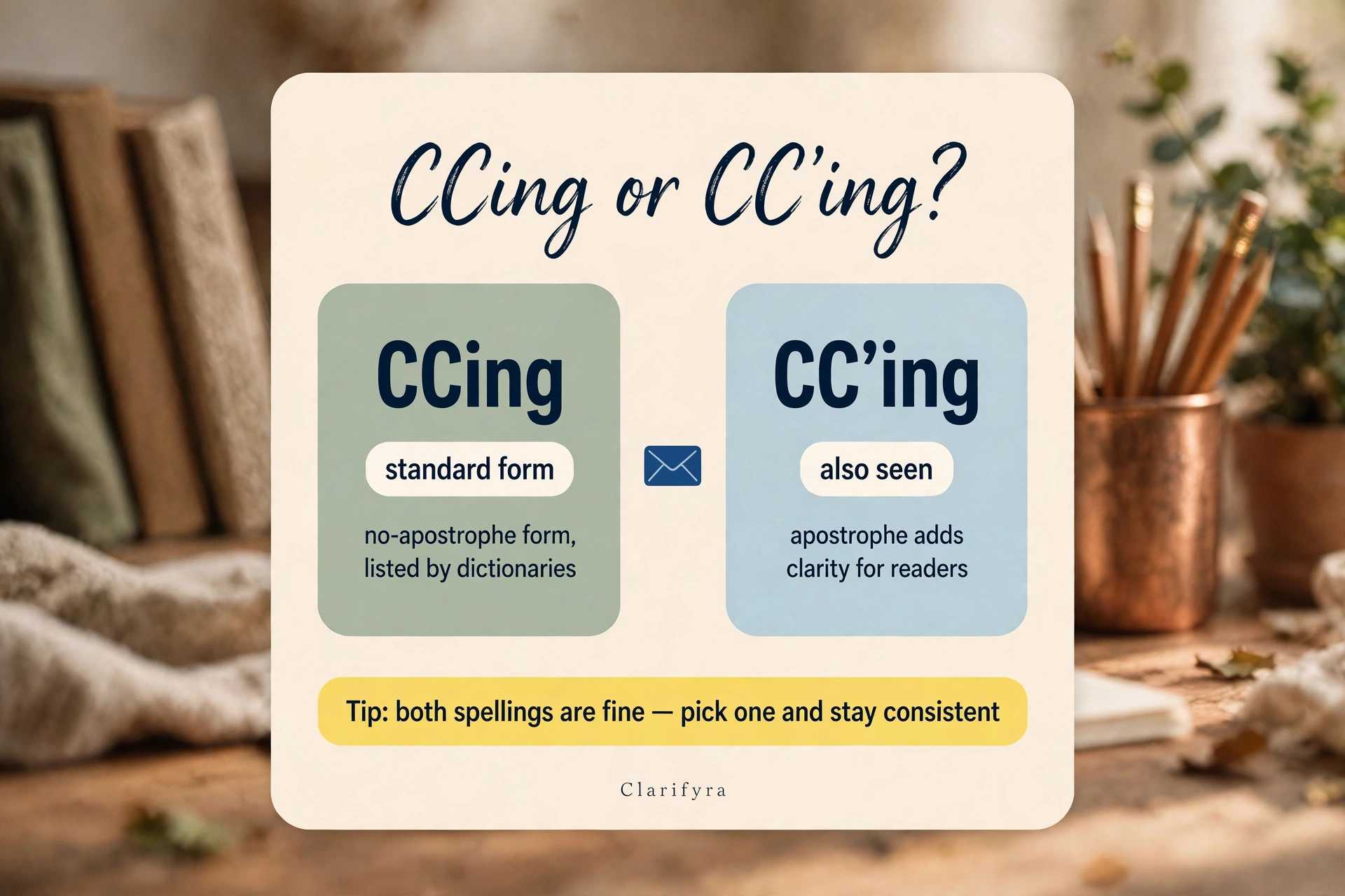 Card comparing 'ccing' and "cc'ing": both are acceptable spellings of the email verb.