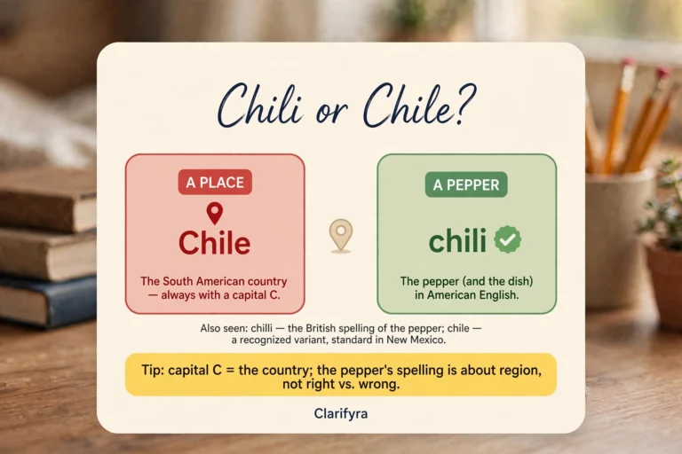 Card comparing 'chili' and 'chile': 'Chile' is the country, 'chili' the pepper — plus the British 'chilli' spelling.