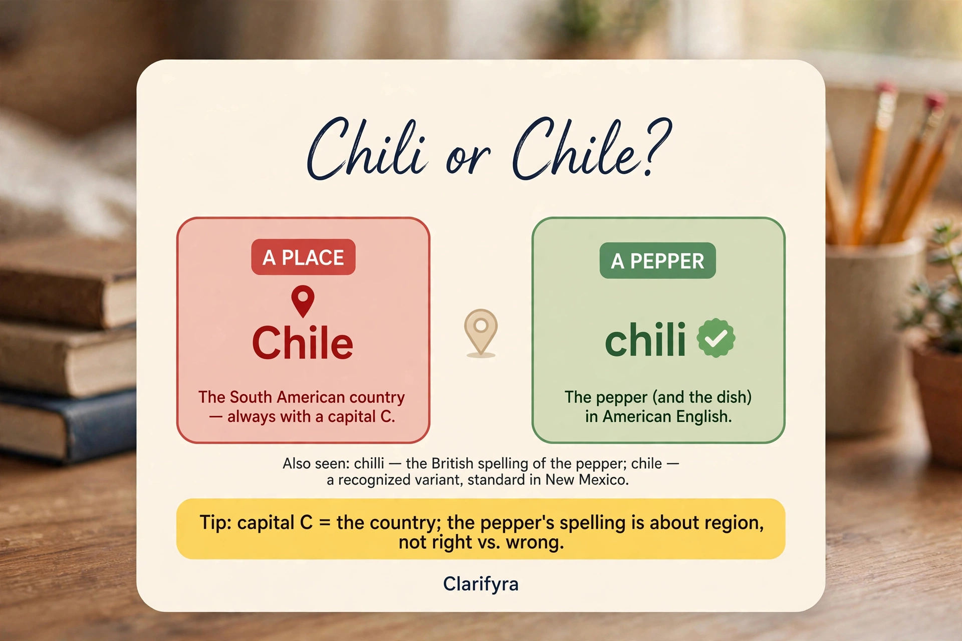 Card comparing 'chili' and 'chile': 'Chile' is the country, 'chili' the pepper — plus the British 'chilli' spelling.