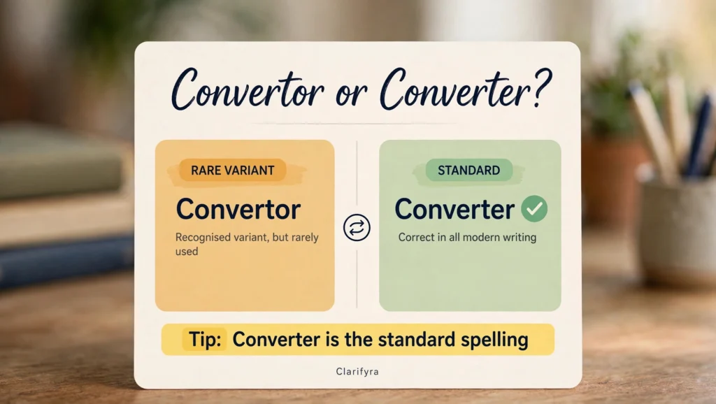 Card comparing 'convertor' and 'converter': 'converter' is the standard spelling — 'convertor' is a rare recorded variant.
