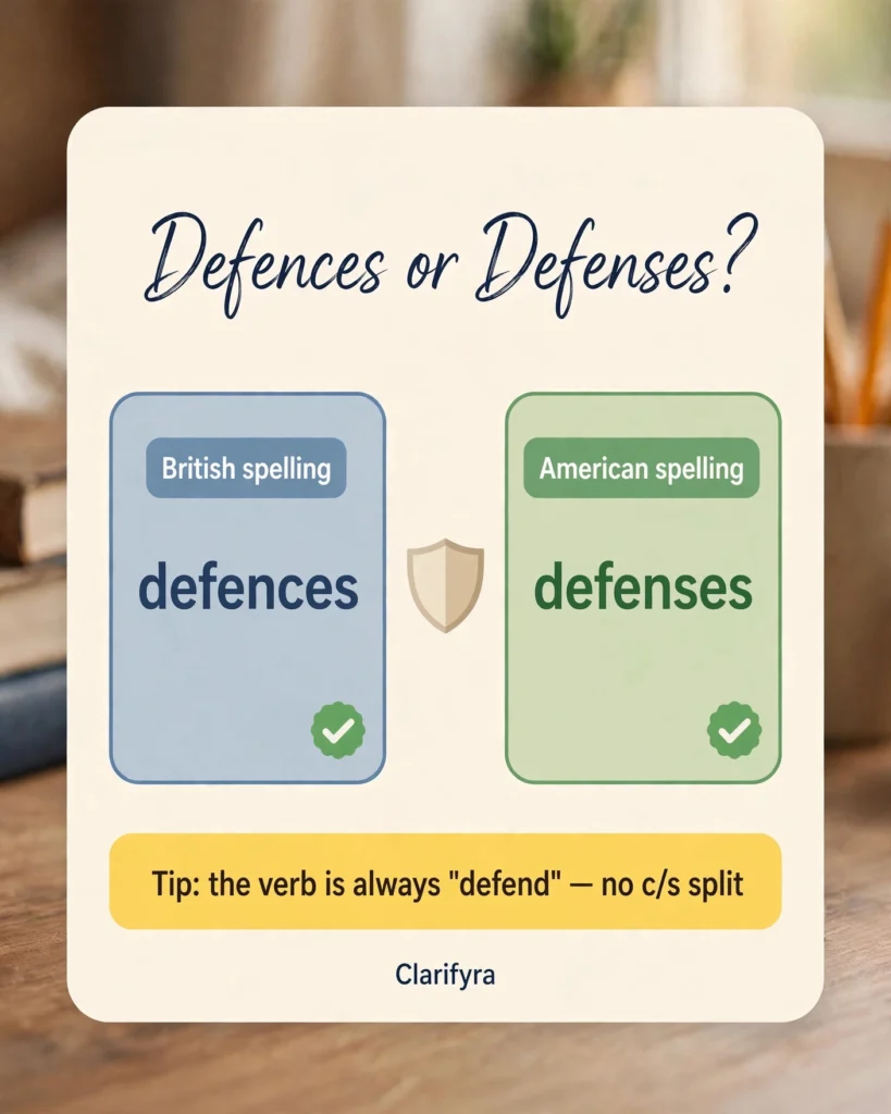 Card comparing 'defences' and 'defenses': both correct — 'defences' is British, 'defenses' is American.