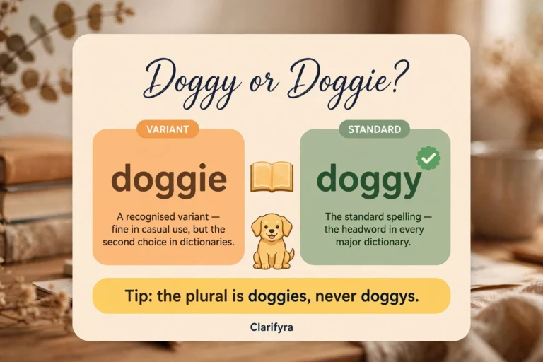 Illustrated comparison of doggy vs doggie spellings, marking doggy as the standard spelling and doggie as the variant, with a tip that the plural is doggies.