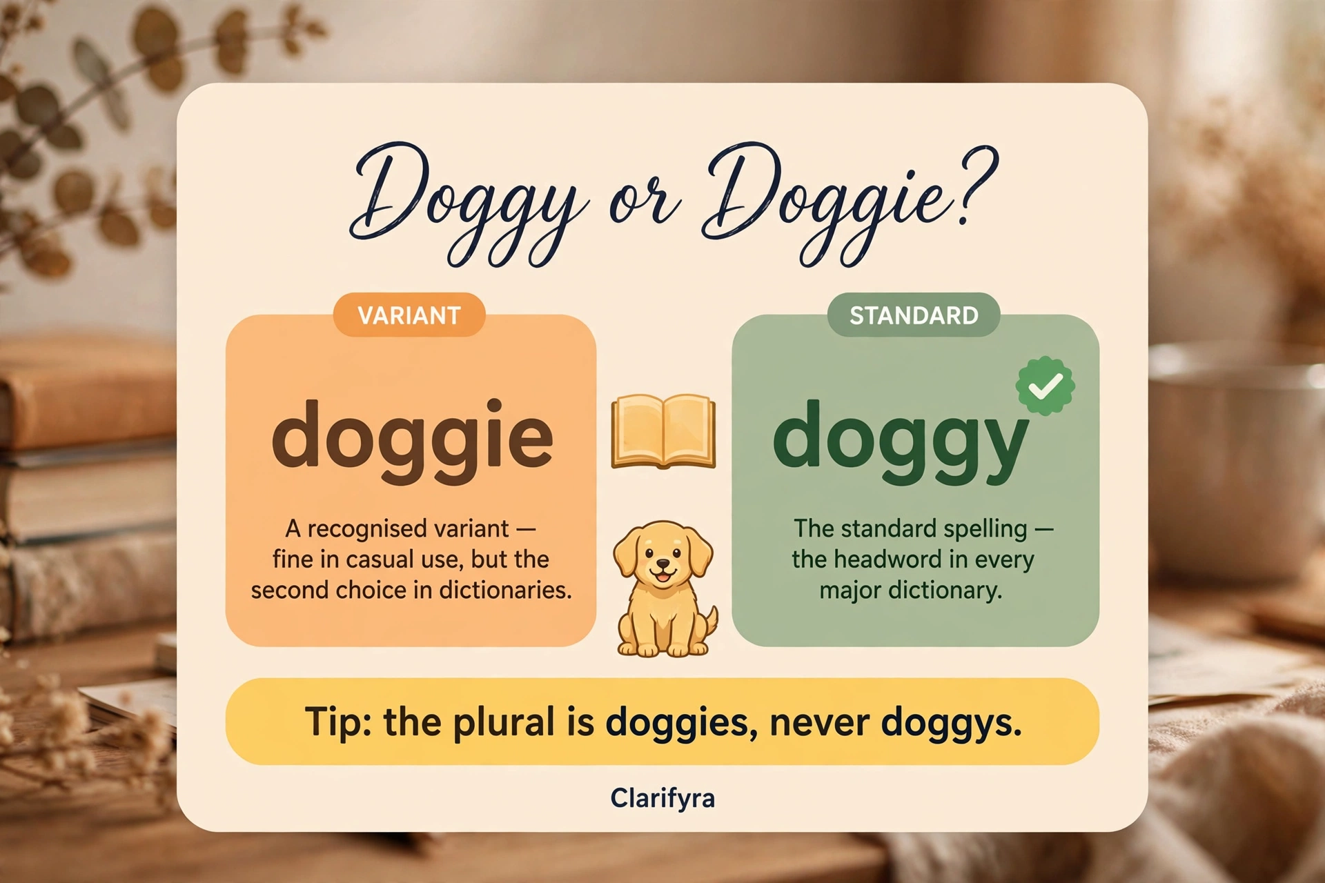 Illustrated comparison of doggy vs doggie spellings, marking doggy as the standard spelling and doggie as the variant, with a tip that the plural is doggies.