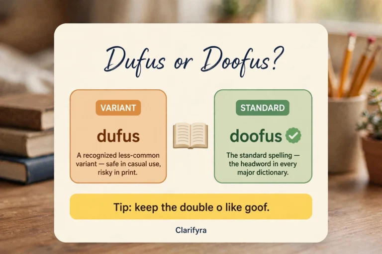 Card comparing "dufus" and "doofus": "doofus" is the standard dictionary-headword spelling — "dufus" is a recognized less-common variant.