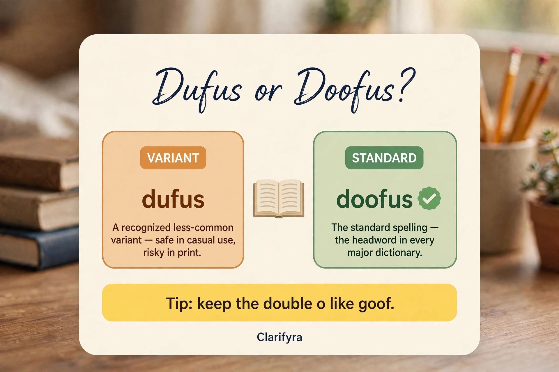 Card comparing "dufus" and "doofus": "doofus" is the standard dictionary-headword spelling — "dufus" is a recognized less-common variant.