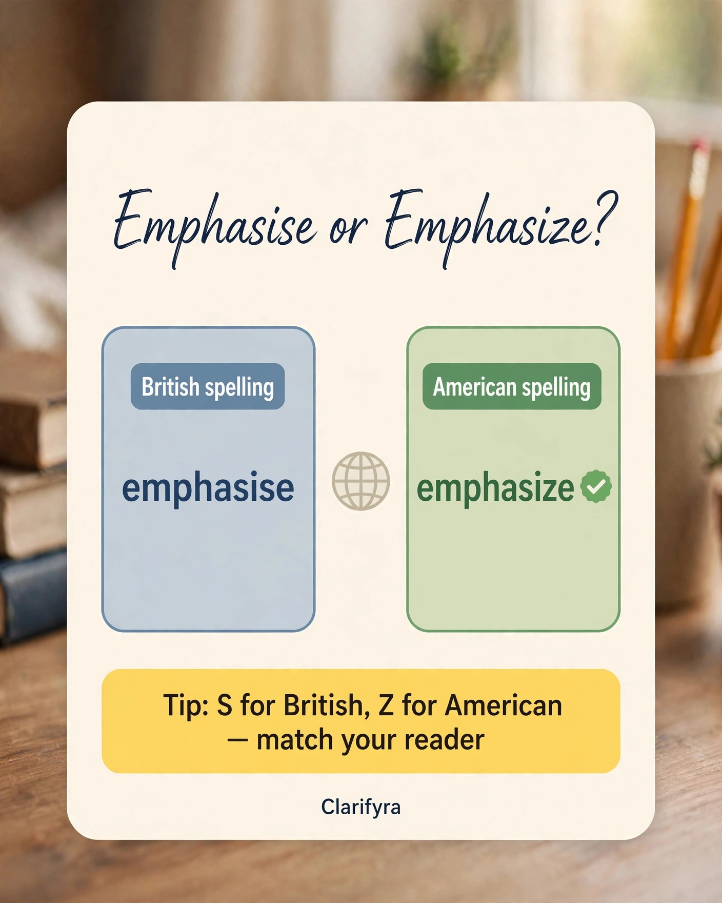 Card comparing 'emphasise' and 'emphasize': both correct — 'emphasise' is British, 'emphasize' is American.