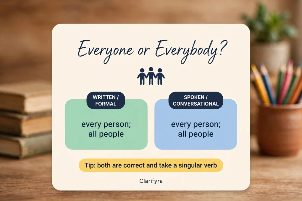 Card comparing 'everyone' and 'everybody': identical in meaning — 'everyone' suits writing, 'everybody' suits speech.