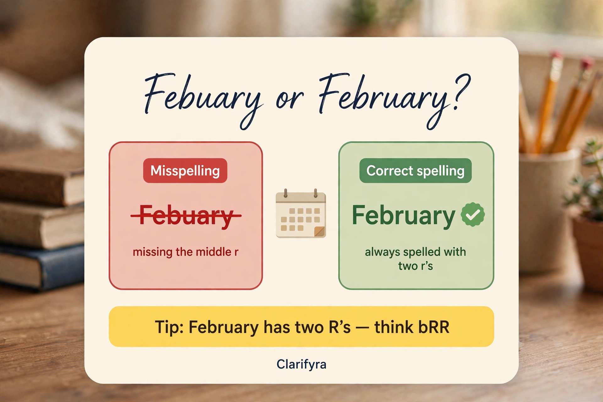 Card comparing 'febuary' and 'february': 'february' is correct with two r's — 'febuary' is a misspelling.
