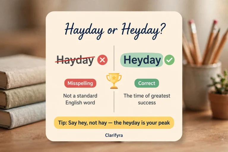 Card comparing 'hayday' and 'heyday': 'heyday' is correct — the time of greatest success. Tip: say hey, not hay.