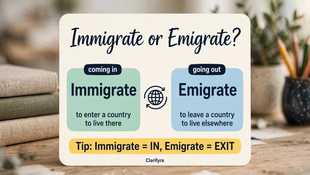 Card comparing 'immigrate' and 'emigrate': 'immigrate' means to move into a country — 'emigrate' means to move out of one.