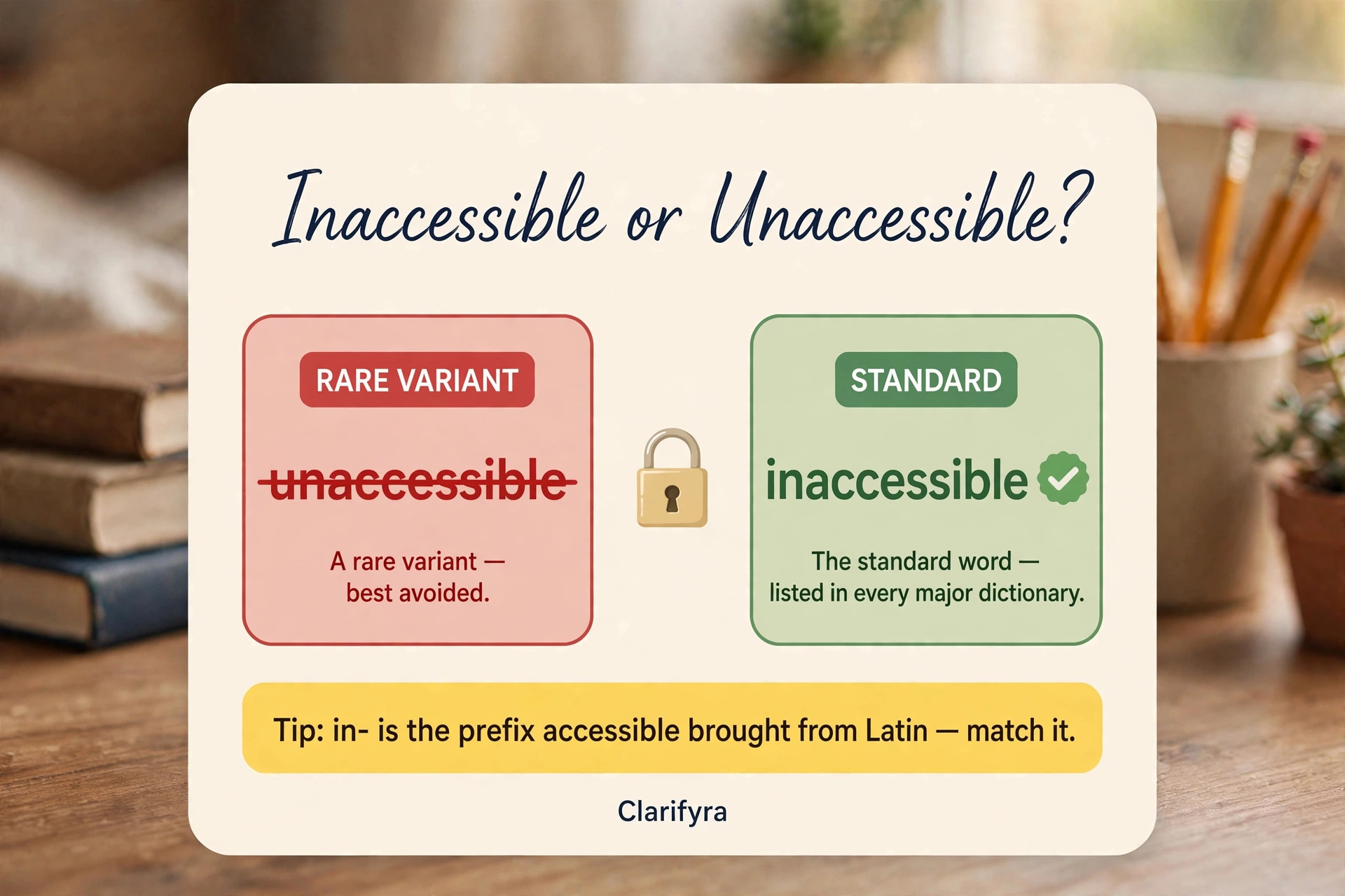 Card comparing 'inaccessible' and 'unaccessible': 'inaccessible' is the correct word — 'unaccessible' is not standard.
