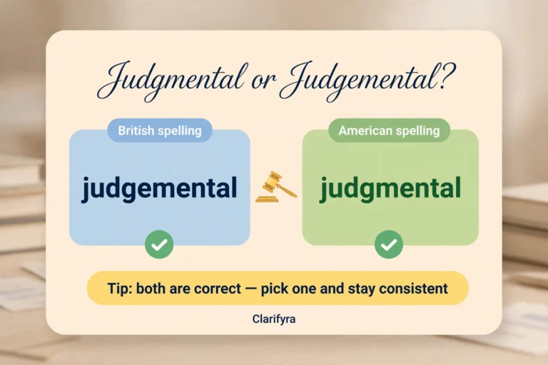 Infographic comparing the British spelling "judgemental" (blue card) and the American spelling "judgmental" (green card), both marked correct with check marks, with the tip "both are correct — pick one and stay consistent"