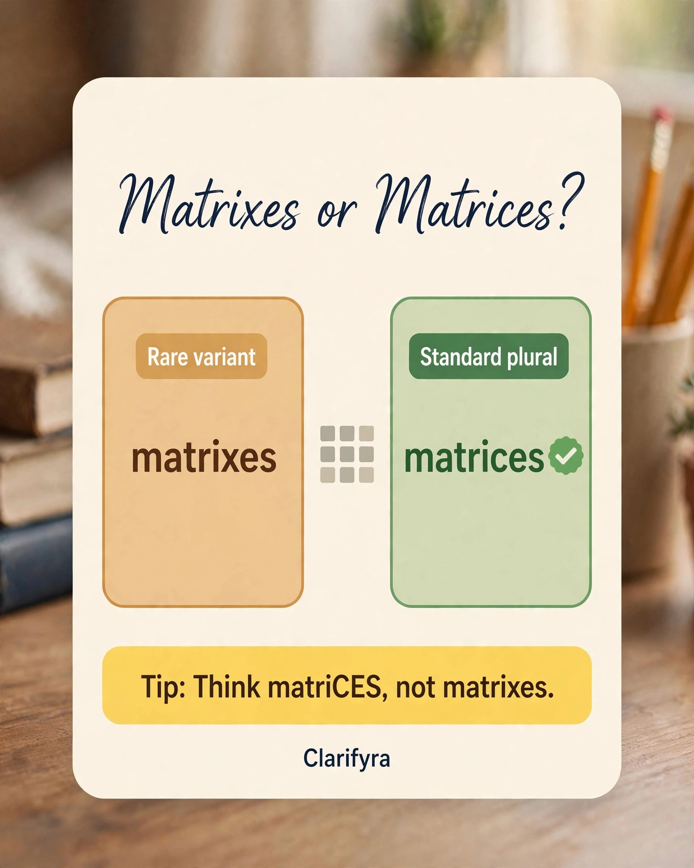 Card comparing 'matrixes' and 'matrices': 'matrices' is the standard plural — 'matrixes' is a rare variant.