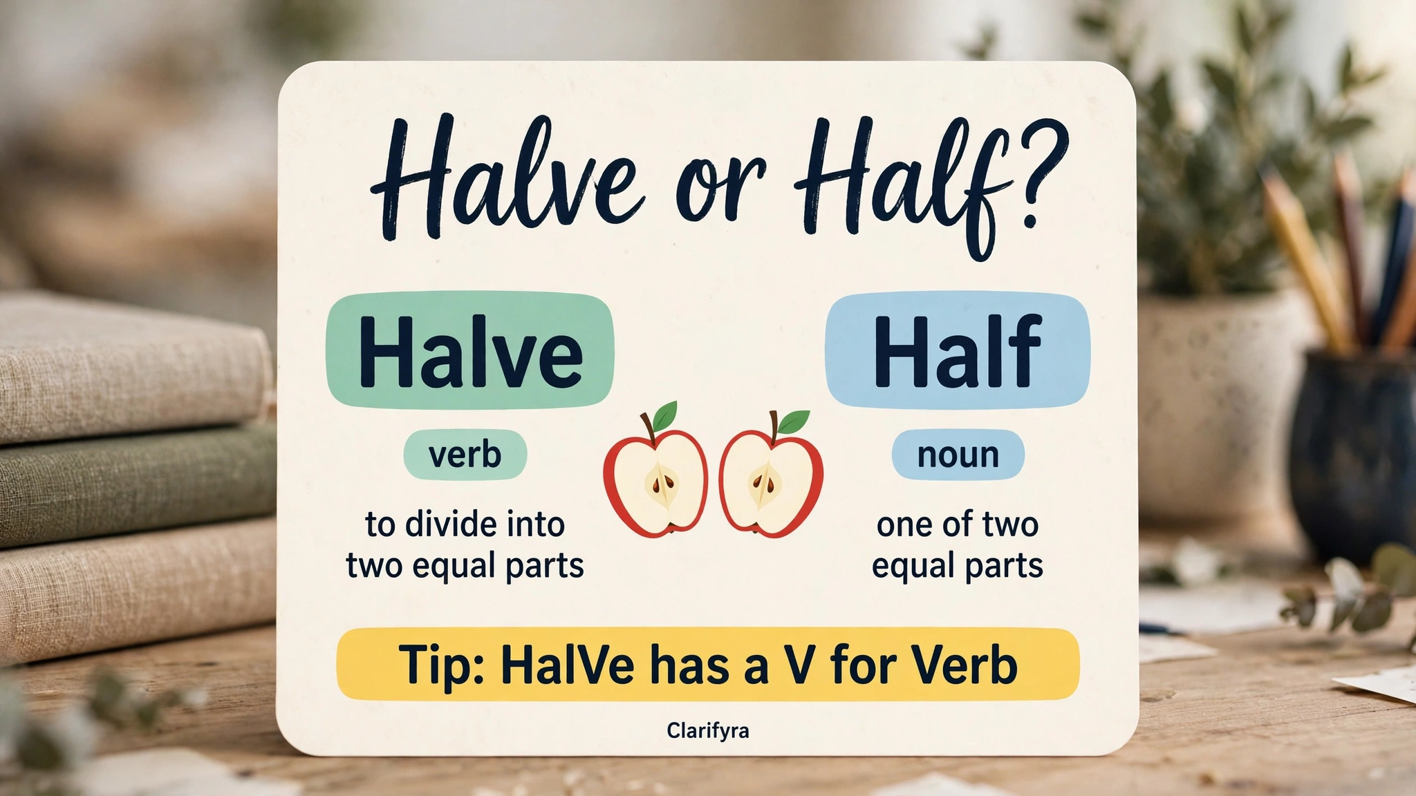 Halve or half difference — halve is the verb, half is the noun