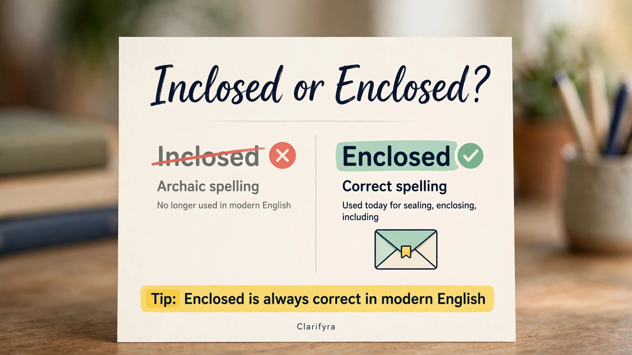 Inclosed or enclosed spelling comparison — enclosed is the correct modern spelling
