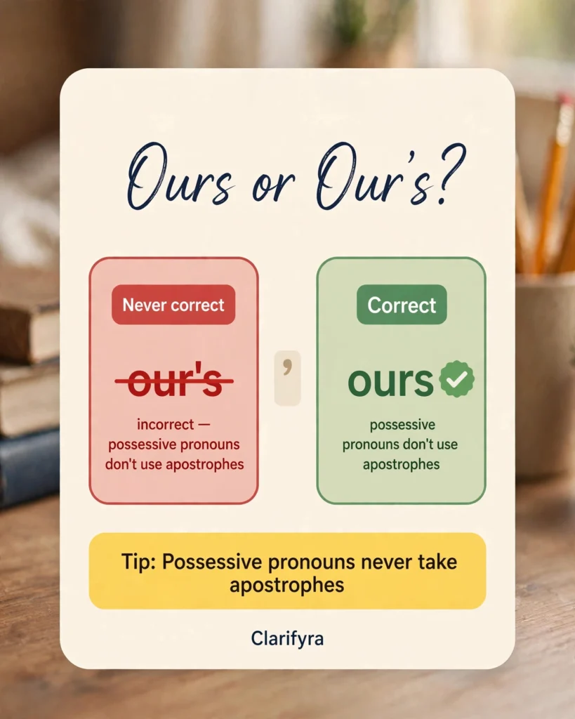 Card comparing 'ours' and "our's": 'ours' is the correct possessive pronoun — "our's" with an apostrophe is never right.