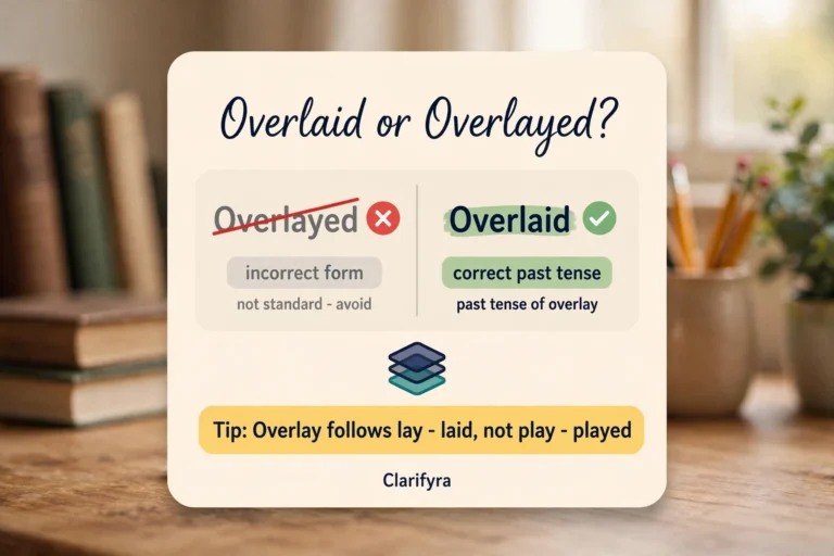 Card comparing 'overlaid' and 'overlayed': 'overlaid' is the standard past tense of 'overlay'.