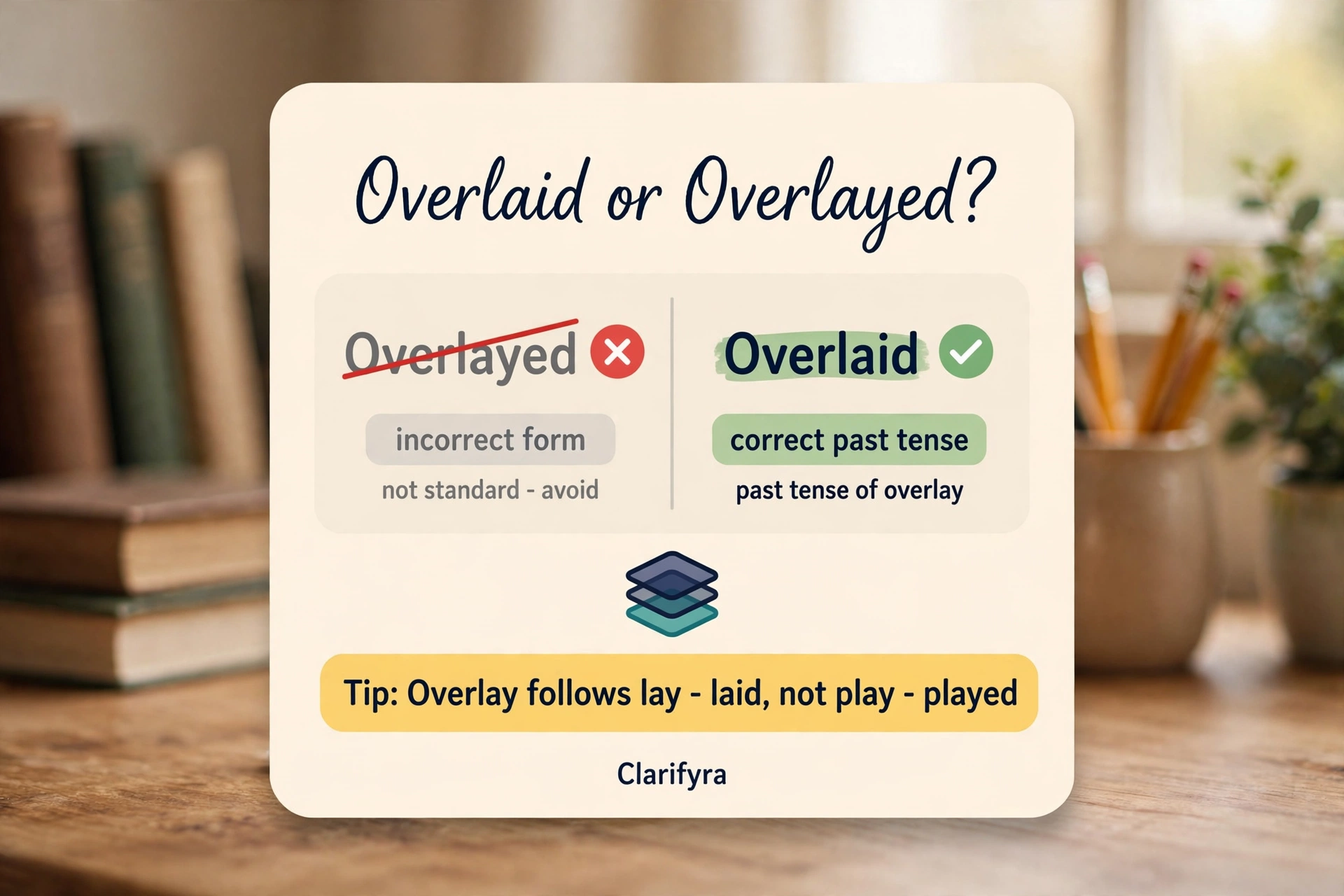Card comparing 'overlaid' and 'overlayed': 'overlaid' is the standard past tense of 'overlay'.