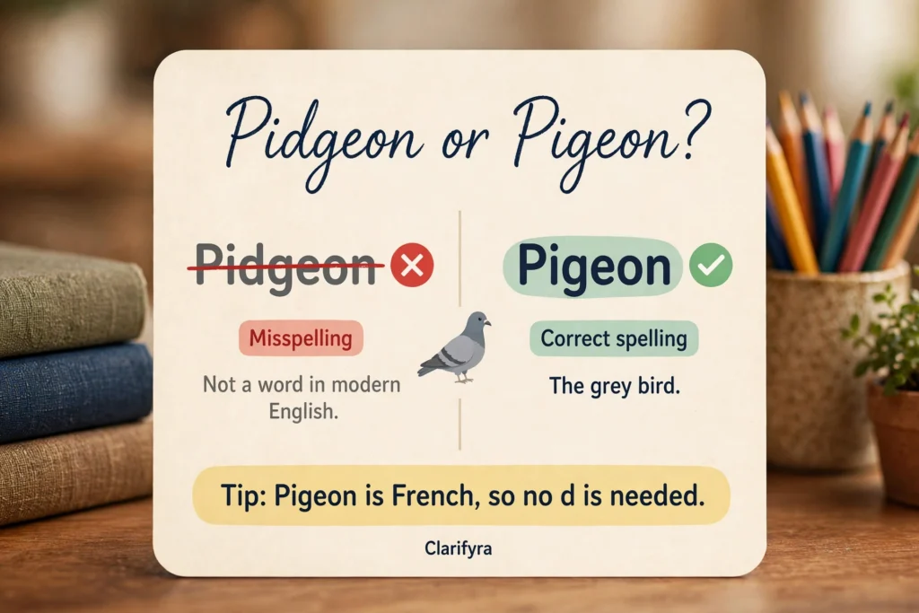 Card comparing 'pidgeon' and 'pigeon': 'pigeon' is the correct spelling — the grey bird; 'pidgeon' is a misspelling.