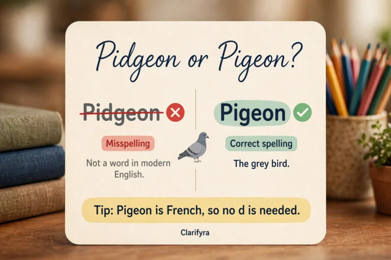 Card comparing 'pidgeon' and 'pigeon': 'pigeon' is the correct spelling — the grey bird; 'pidgeon' is a misspelling.