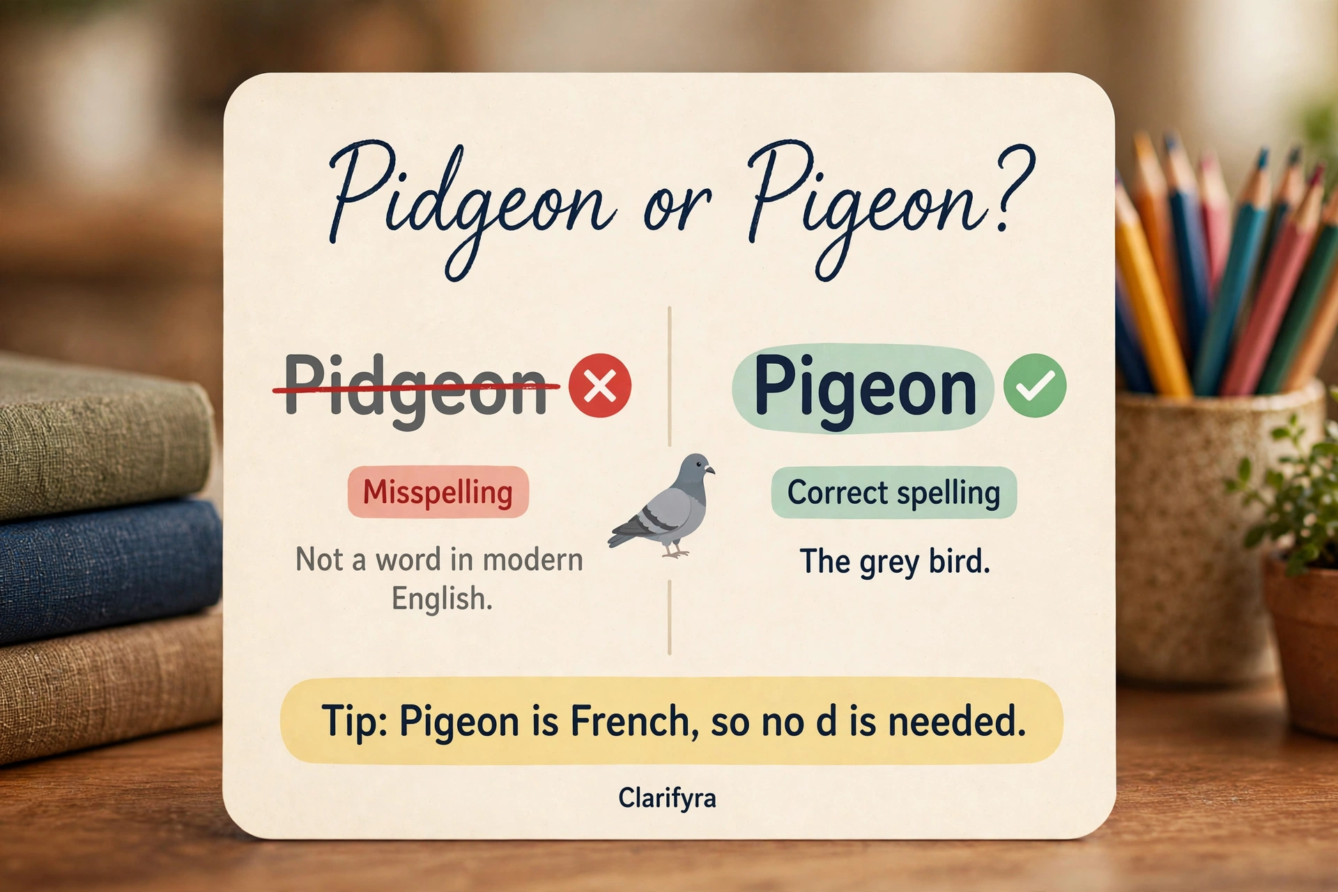 Card comparing 'pidgeon' and 'pigeon': 'pigeon' is the correct spelling — the grey bird; 'pidgeon' is a misspelling.