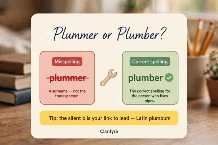 Card comparing 'plummer' and 'plumber': 'plumber' is the correct spelling for the tradesperson — 'plummer' is a surname, not the job.