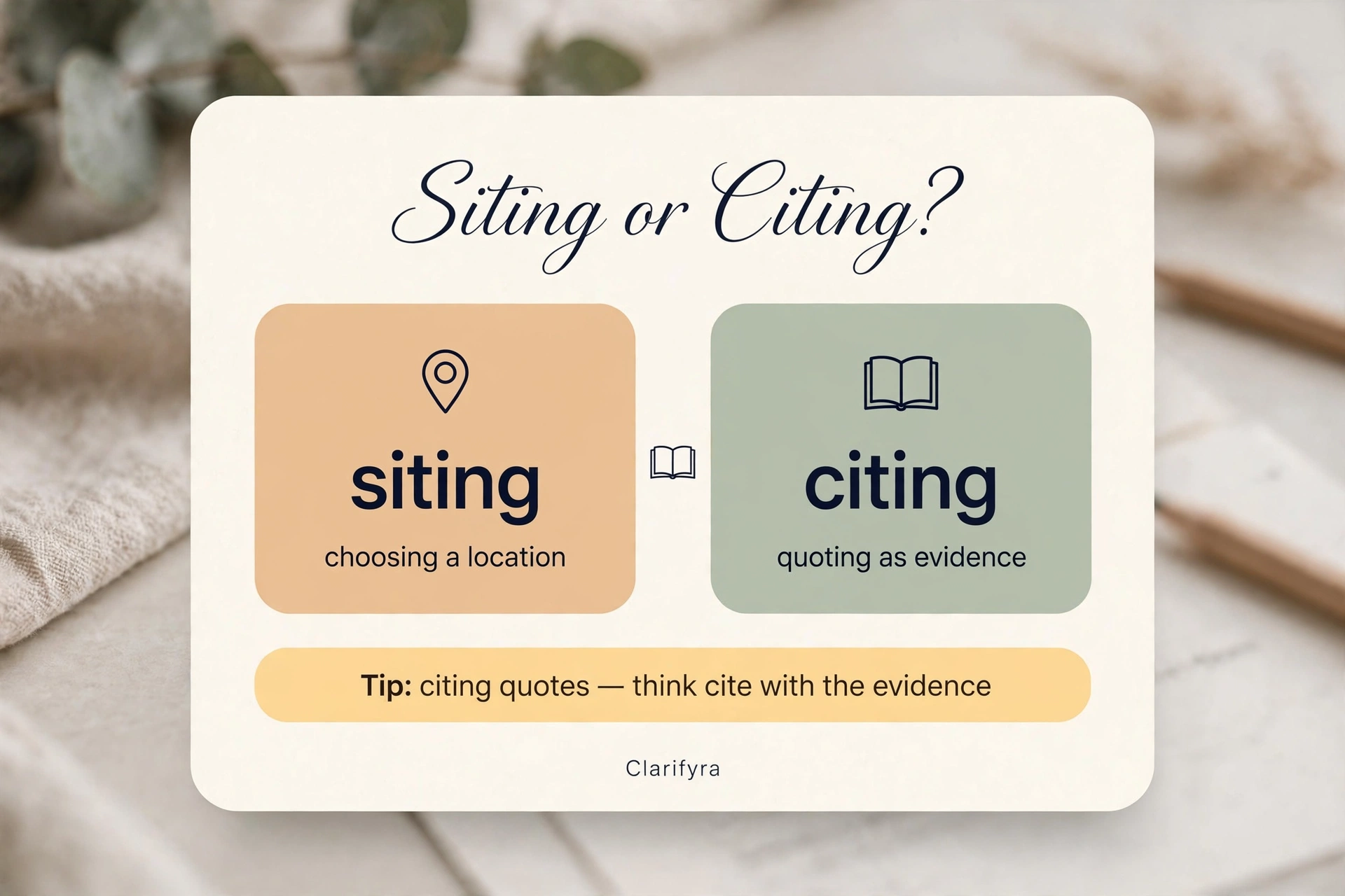 Siting or citing? — location vs evidence meaning infographic