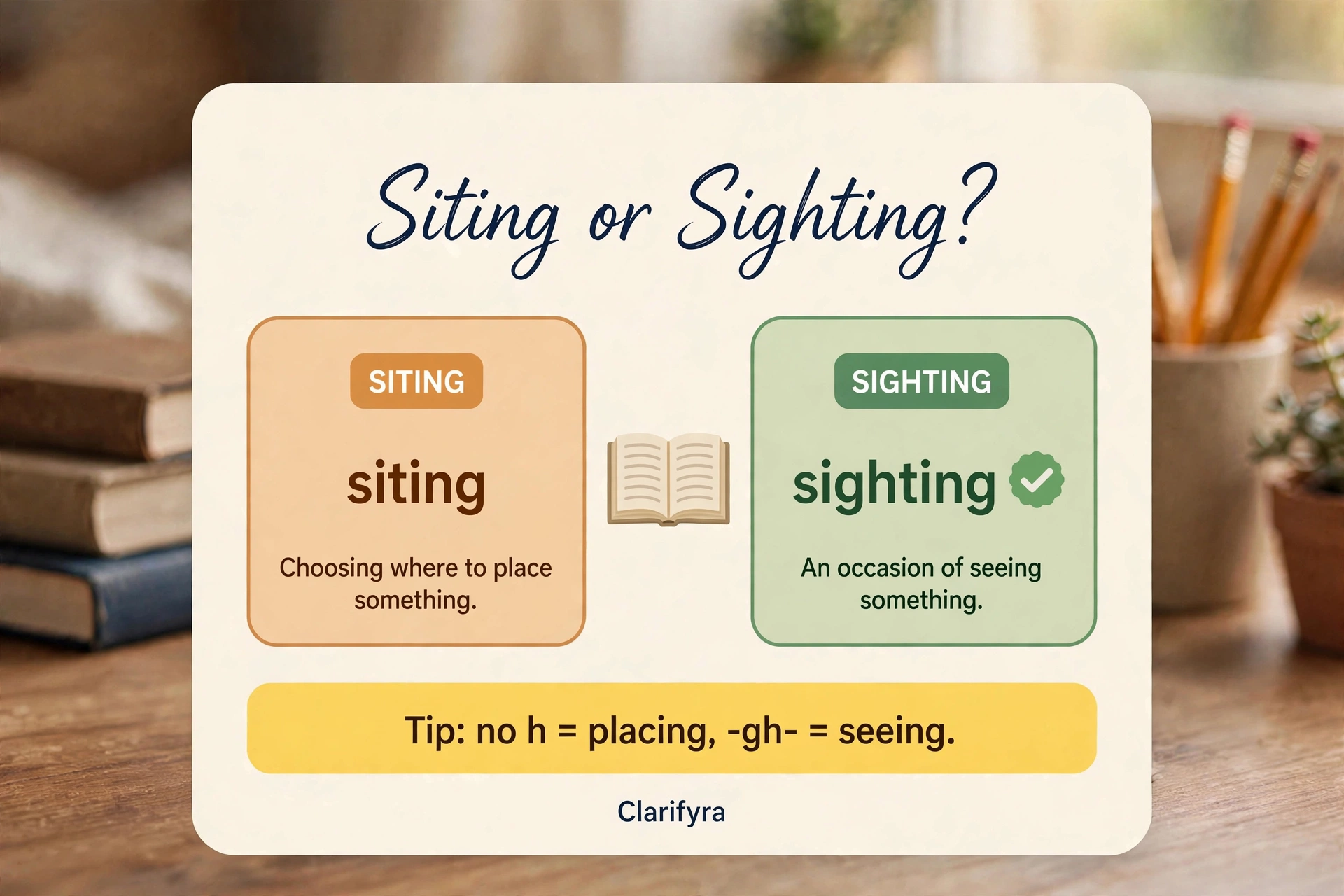 Infographic comparing siting (choosing where to place something) and sighting (an occasion of seeing something), with the tip: no h = placing, -gh- = seeing.