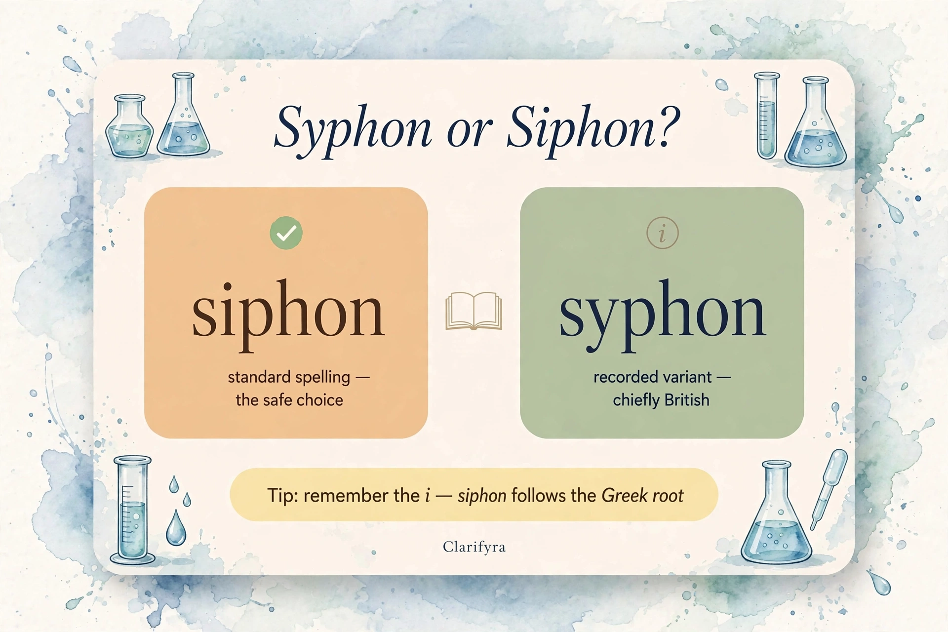 Syphon or siphon? — standard vs variant spelling infographic