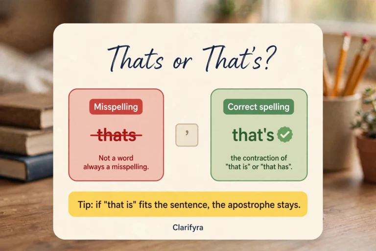 Card comparing "thats" and "that's": "that's" is correct — the contraction of "that is" — while "thats" without the apostrophe is a misspelling.