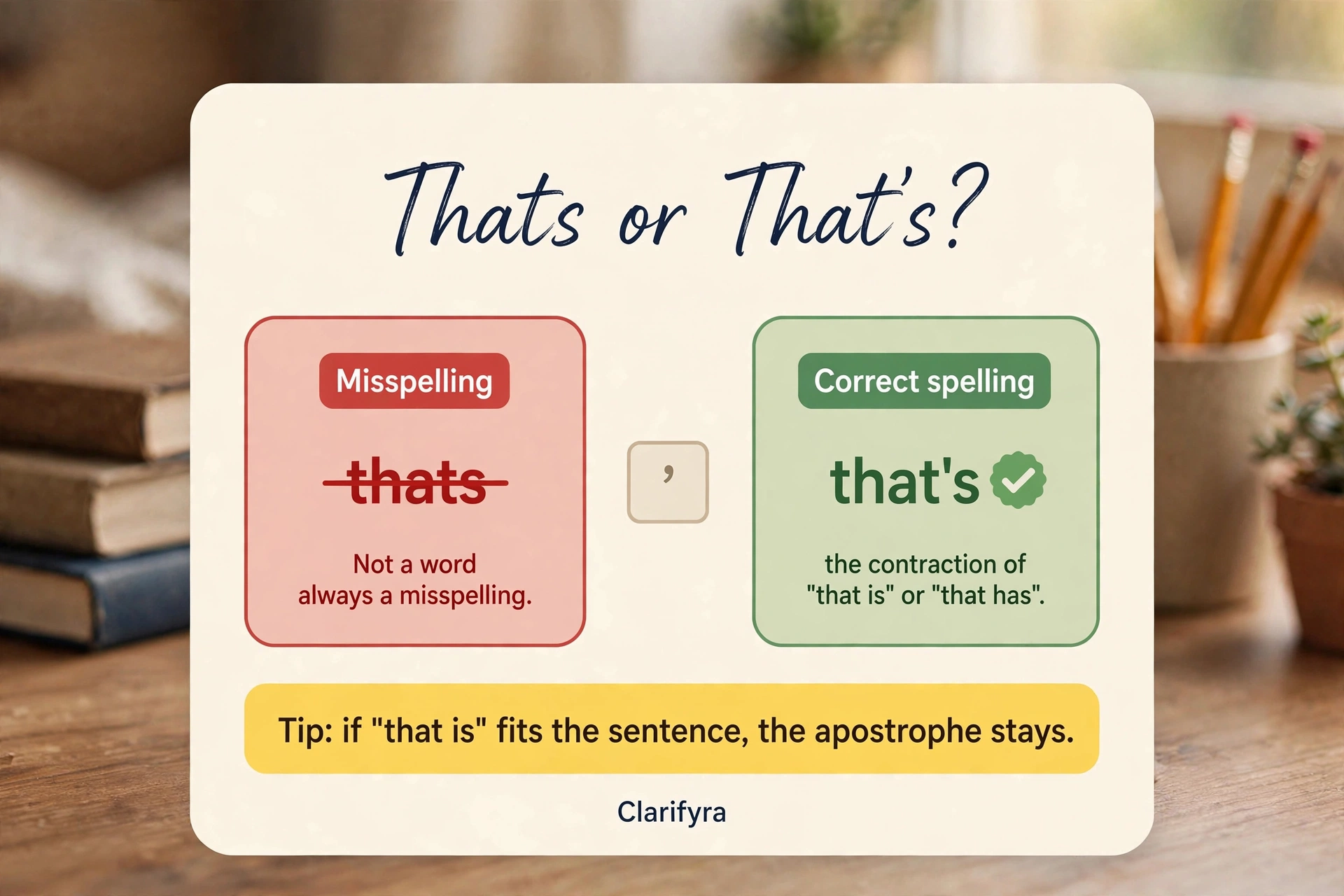 Card comparing "thats" and "that's": "that's" is correct — the contraction of "that is" — while "thats" without the apostrophe is a misspelling.