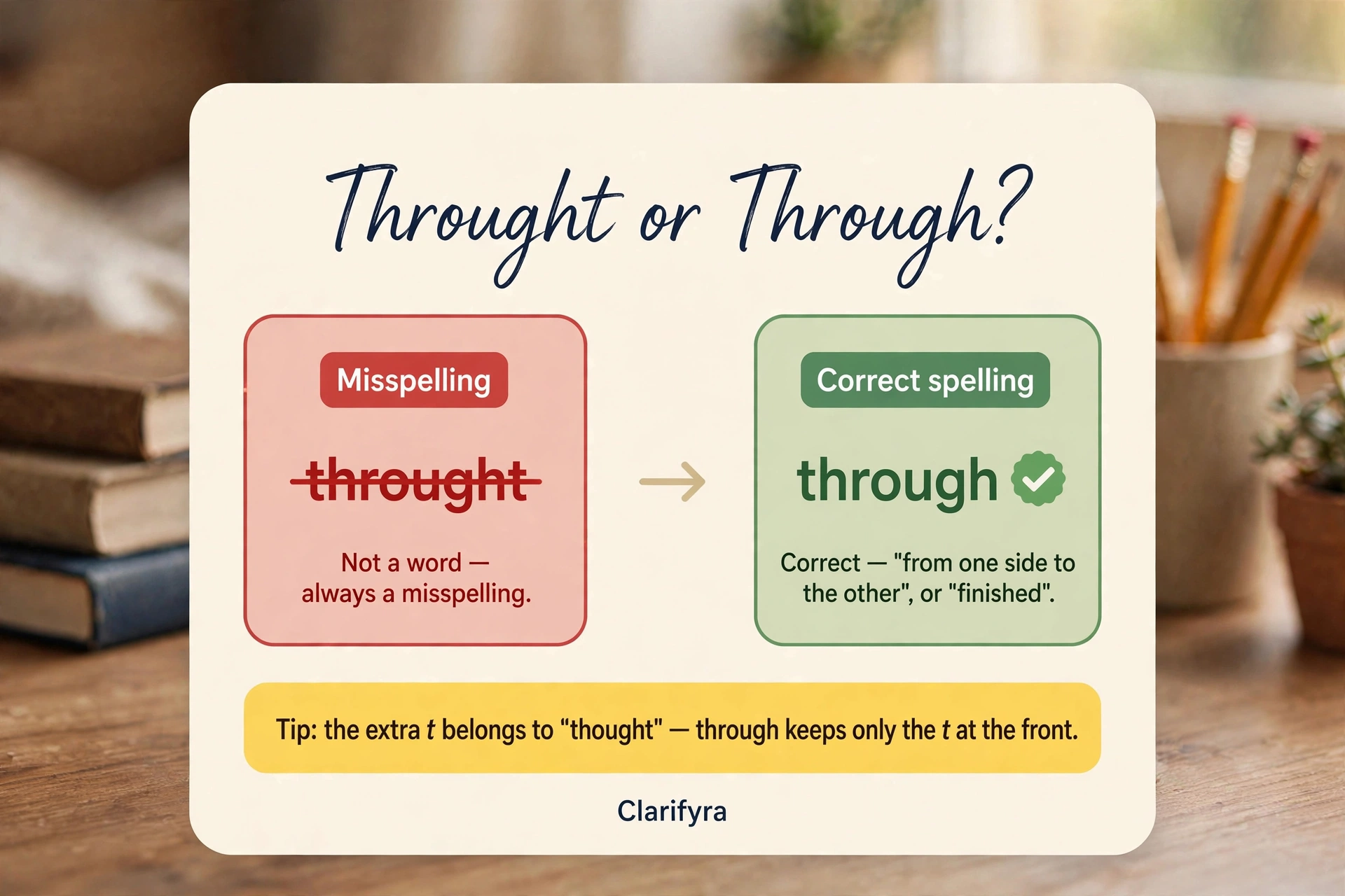 Card comparing "throught" and "through": "through" is the correct spelling — "throught" is a misspelling.