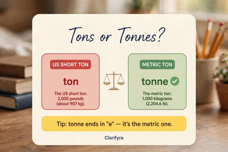 Comparison card showing "ton" is the US unit at 2,000 lb and "tonne" is the metric unit at 1,000 kg.