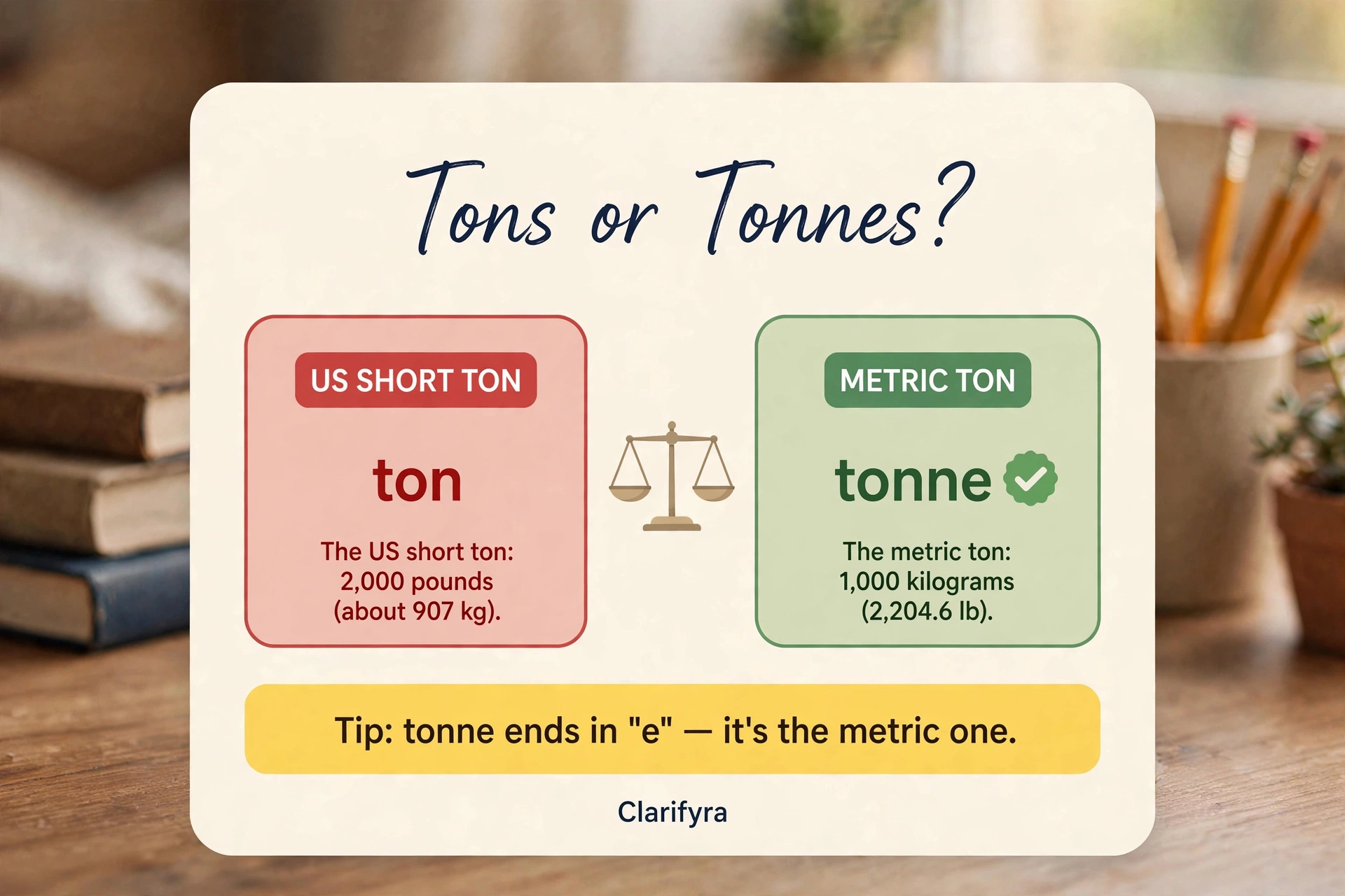 Comparison card showing "ton" is the US unit at 2,000 lb and "tonne" is the metric unit at 1,000 kg.