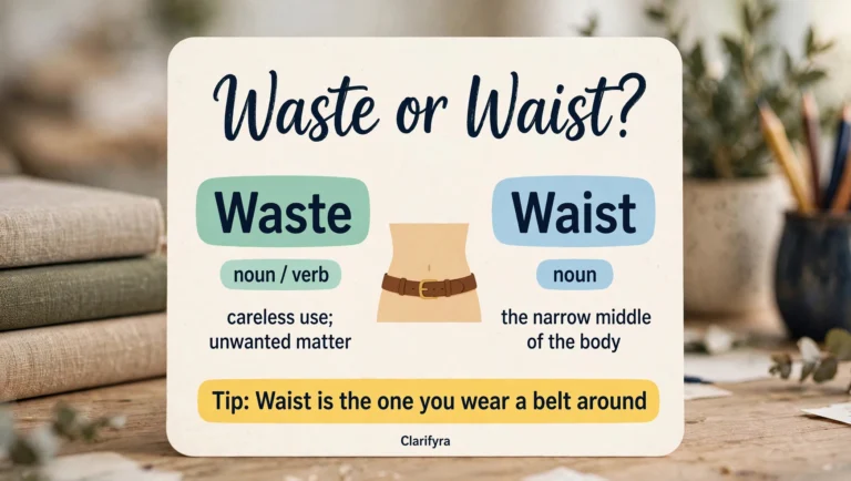Featured image: 'Waste or Waist?' comparison card — Waste (noun/verb): careless use; unwanted matter. Waist (noun): the narrow middle of the body. Tip: Waist is the one you wear a belt around.
