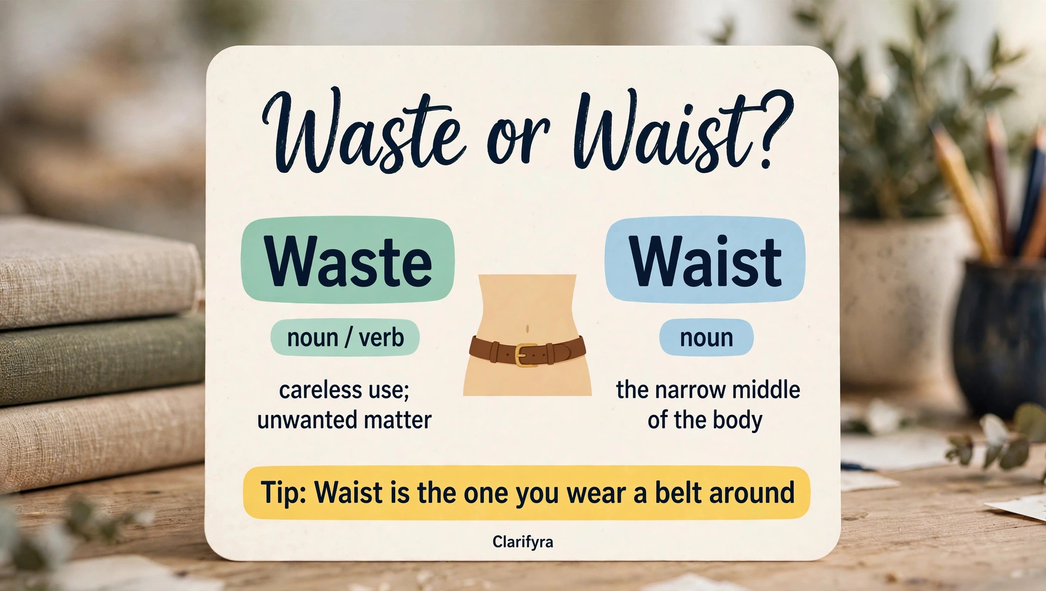 Featured image: 'Waste or Waist?' comparison card — Waste (noun/verb): careless use; unwanted matter. Waist (noun): the narrow middle of the body. Tip: Waist is the one you wear a belt around.
