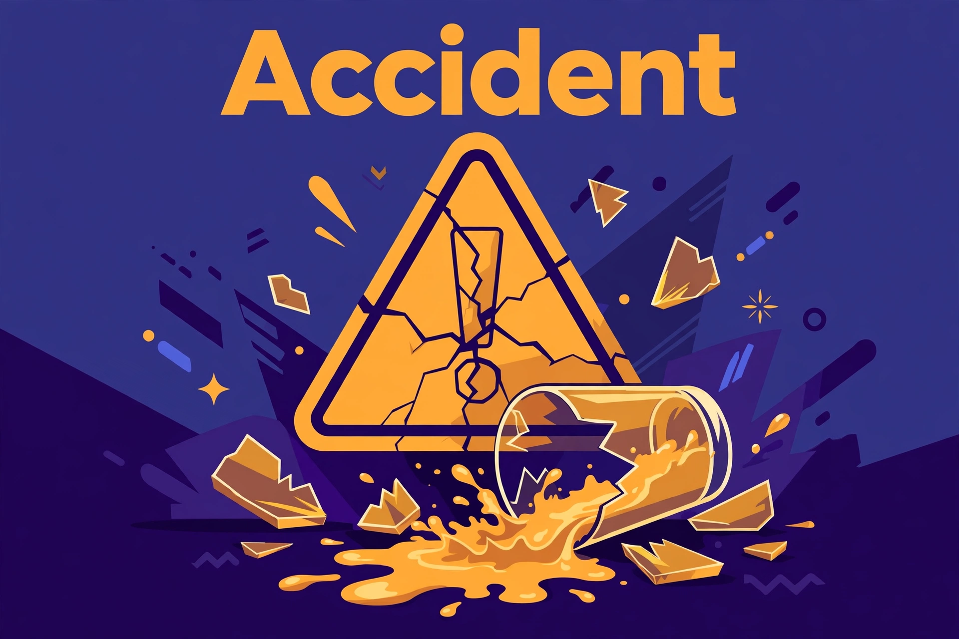 Accident — meaning illustrated with a cracked warning sign and a spilled, broken glass