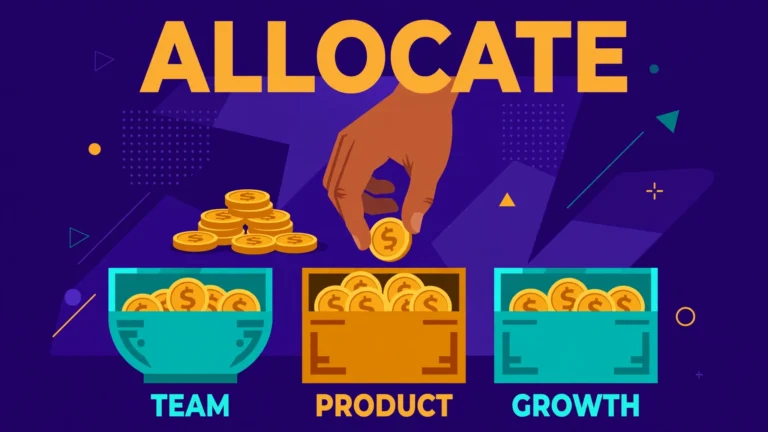 Flat illustration of a hand placing gold coins into three labelled bowls, with the bold headline ALLOCATE, on a deep indigo background