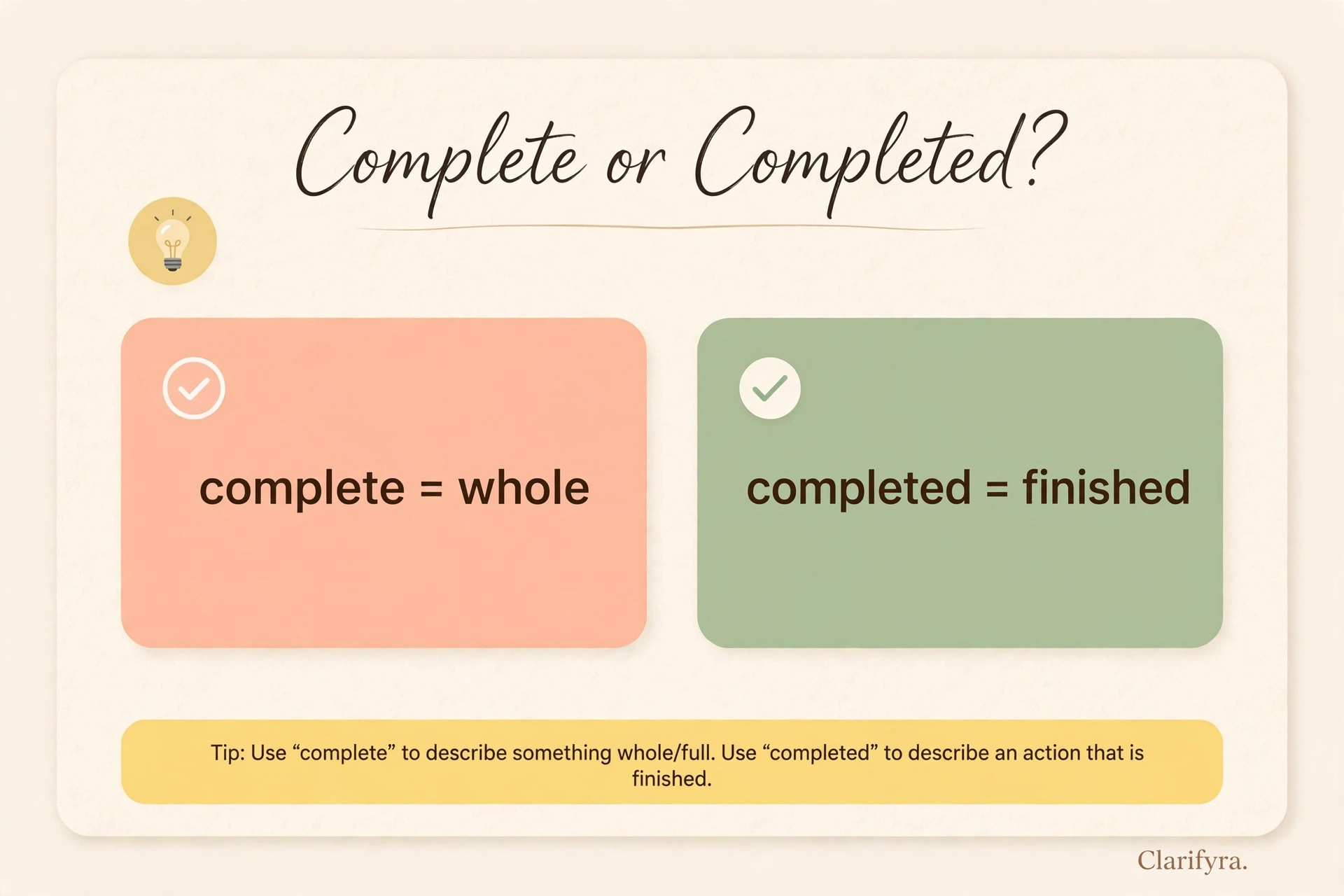 Complete or completed? — usage difference infographic