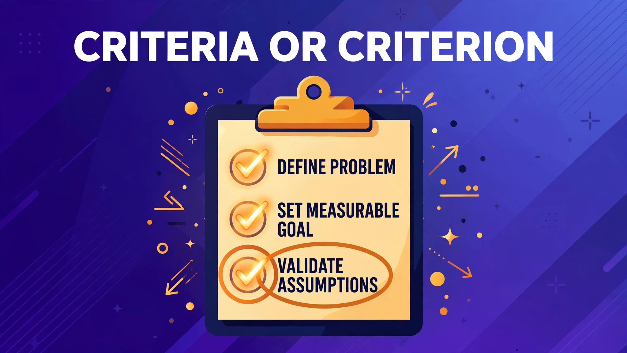 Illustration of a clipboard checklist with glowing checkmarks and the third item circled, with the headline "Criteria or Criterion" above.