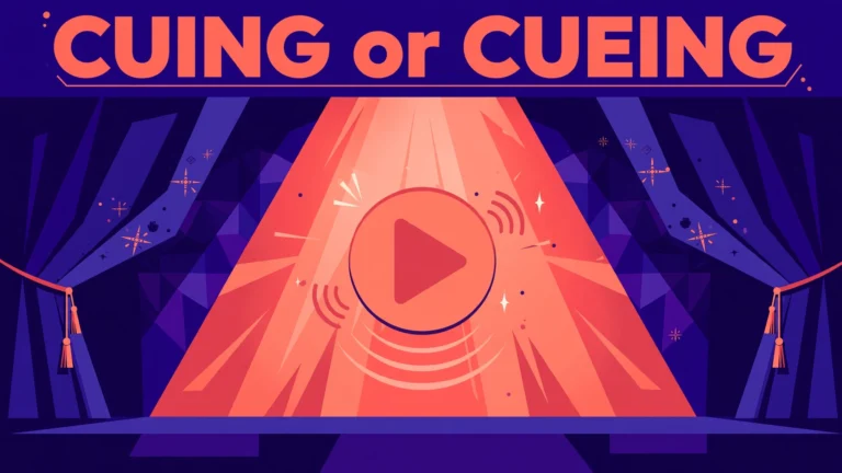 Cuing or cueing: theatre spotlight on a play button symbol