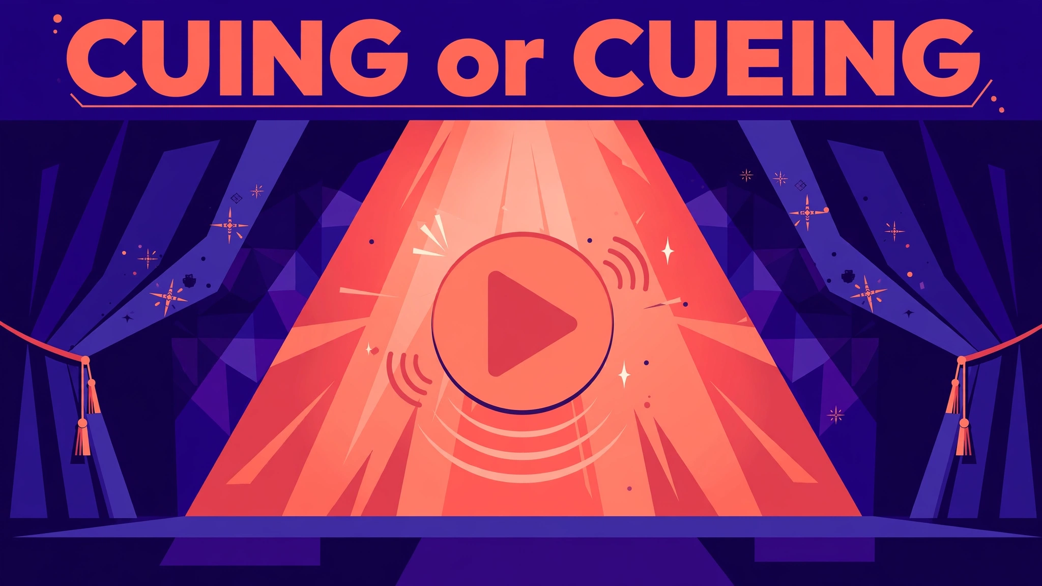 Cuing or cueing: theatre spotlight on a play button symbol