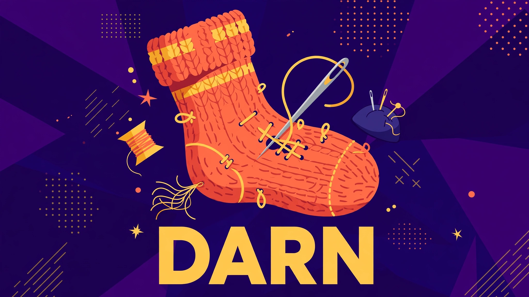 Flat illustration of a knitted sock being mended with a needle and thread, with the bold headline DARN, on a deep indigo background